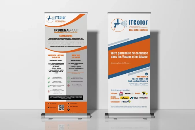 Roll-up conçu par Côme Communication pour ITColor, expert en peintures et finitions bois basé à Rixheim en Alsace
