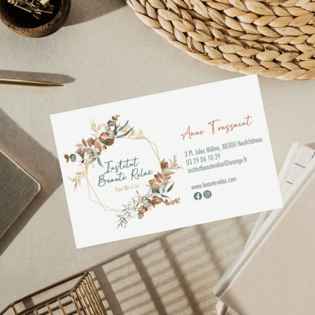 Logo et carte de visite conçus pour l’Institut Beauté Relax à Neufchâteau par Côme